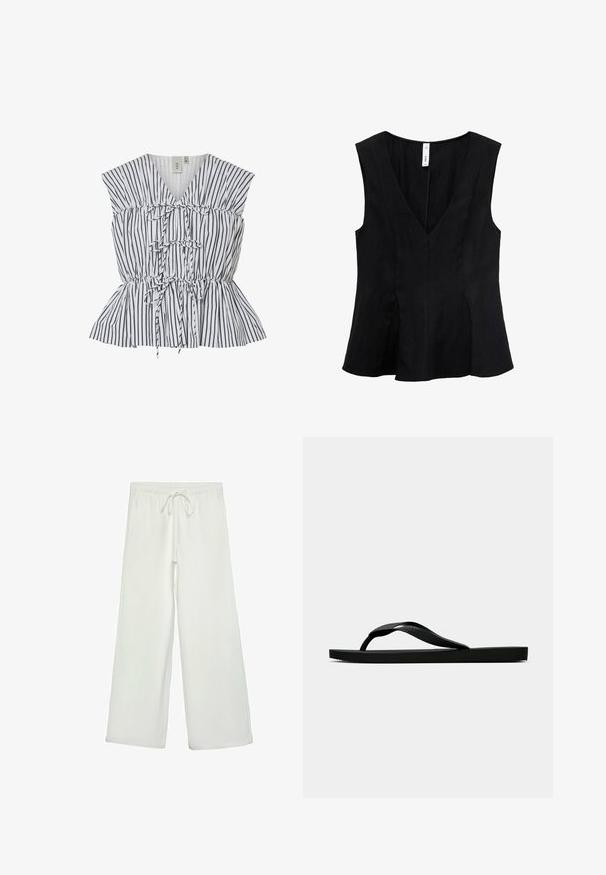 Stribet peplum top i hvid og sort. Har V-hals, samlet detalje og sløjfe accenter. Letvægtsstof med tekstureret finish.; Sort ærmeløs top med V-udskæring, flagrende design og en glat tekstur. Stoffet virker blødt med subtile draperinger.; Hvide bukser med bred ejer lavet af blødt stof. Har en elastisk talje med snor og en glat tekstur. Ingen synlige mønstre eller hardware.; Sorte gummiflip-flopsandaler med en tekstureret rem og simpel flad sål, vist fra siden på en lys ensfarvet baggrund.