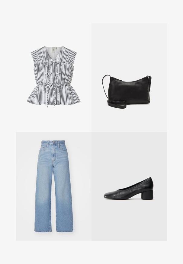 Randig peplumtop i vitt och svart. Har V-ringning, rynkade detaljer och knytaccenter. Lättviktsmaterial med texturerad yta.; Ljusblå högmidjade vida jeans med knapp- och dragkedjestängning, fram- och bakfickor, mot en vit bakgrund.; Svart läderpumpsko med rund tå och medelhög blockklack. Slät textur med minimal detaljering, med en diskret elastisk öppning.; Svart läder axelväska med en slät yta, rundad form, justerbar rem och dragkedjestängning. Minimalistisk design utan utsmyckningar.