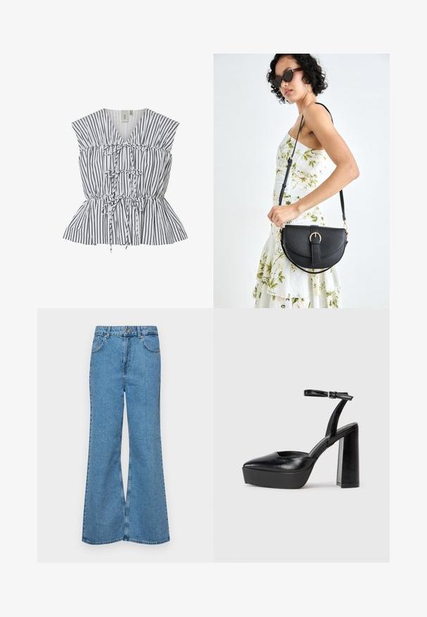 Top peplum a rayas en blanco y negro. Cuenta con escote en V, detalles fruncidos y acentos de lazo. Tejido ligero con acabado texturizado.; Jeans acampanados de color azul claro hechos de denim, con una cintura alta, cinco bolsillos y un cierre de botón. Textura suave con acabado desgastado.; Zapatos de tacón negro con punta afilada y correa ajustable en el tobillo. Confeccionados en cuero suave, presentan un tacón grueso.; Bolso de piel negra con forma curva, correa desmontable y herrajes dorados. El bolso cuenta con una solapa con un detalle de hebilla.