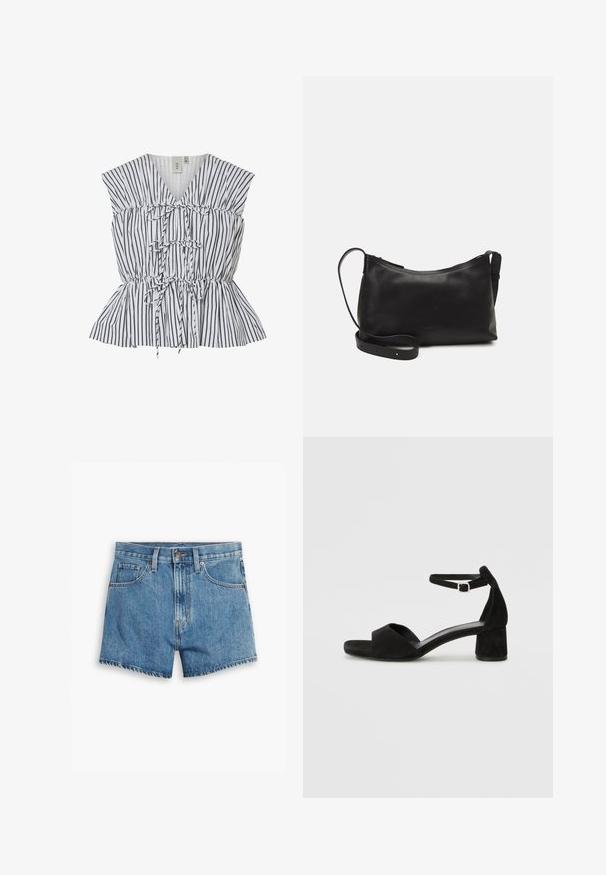 Striped peplum top in white and black. Features V-neck, gathered detailing, and tie accents. Lightweight fabric with textured finish.; Denim shorts in light blue, featuring five pockets, a zip fly, and a button closure. The hem is frayed with a relaxed fit design.; Black suede heeled sandals with a thin ankle strap, open toe design, and a modest block heel. Smooth texture and minimal accents.; Black leather shoulder bag with a smooth texture, curved shape, adjustable strap, and a zip closure. Minimalist design without embellishments.