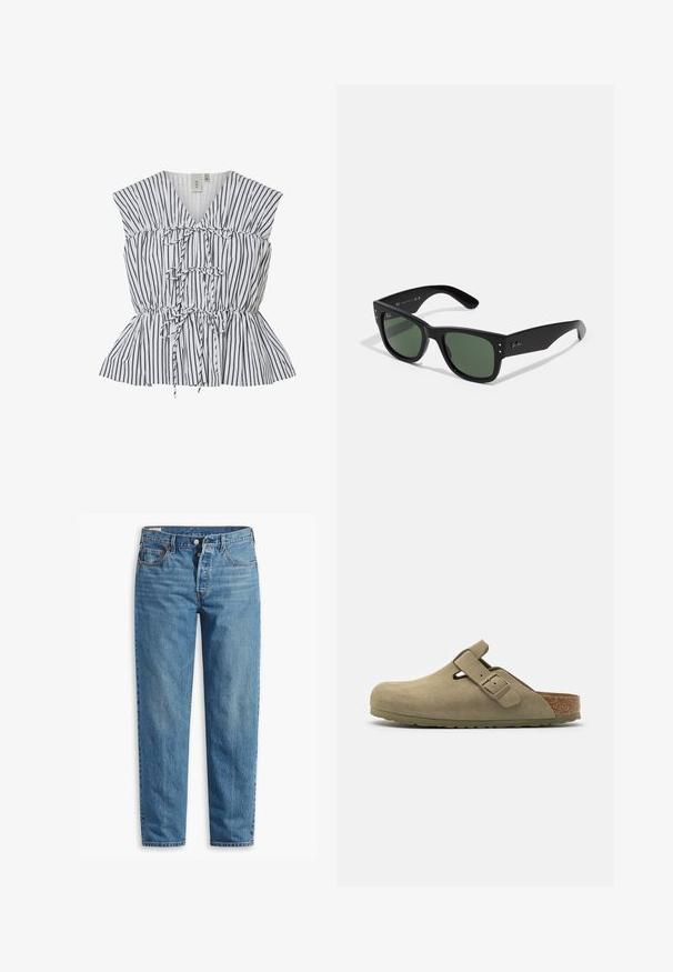 Striped peplum top in white and black. Features V-neck, gathered detailing, and tie accents. Lightweight fabric with textured finish.; Blue denim jeans with a straight-leg fit, featuring a zip fly, two front pockets, and subtle fading throughout the fabric.; Olive suede clog with a round toe, adjustable strap, cork footbed, and textured rubber sole, featuring a smooth finish and cut-out detail.; Black rectangular sunglasses with green lenses, matte finish, subtle hardware accents, and embossed logo on the temple.