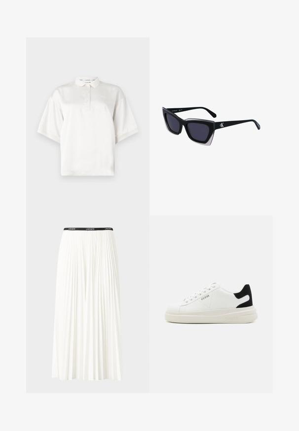 Polo shirt bianca a maniche corte realizzata in tessuto liscio, con un'apertura frontale a tre bottoni e un logo ricamato sul lato sinistro del petto.; Gonna bianca plissettata con elastico nero in vita che presenta il logo "LACOSTE". Design di lunghezza media con texture morbida.; Sneaker bianchi in pelle con suola spessa bianca, accento in suede nero sul tallone e logo impresso sul lato. Design con lacci e sei fori per i lacci.; Occhiali da sole oversize neri dalla forma geometrica, con lenti scure e un dettaglio grigio a contrasto sulla montatura. Logo sul braccio.; Orecchini a cerchio in argento con superficie liscia e lucida, caratterizzati da una forma curva e chiusura a perno. Design minimalista con finitura moderna.