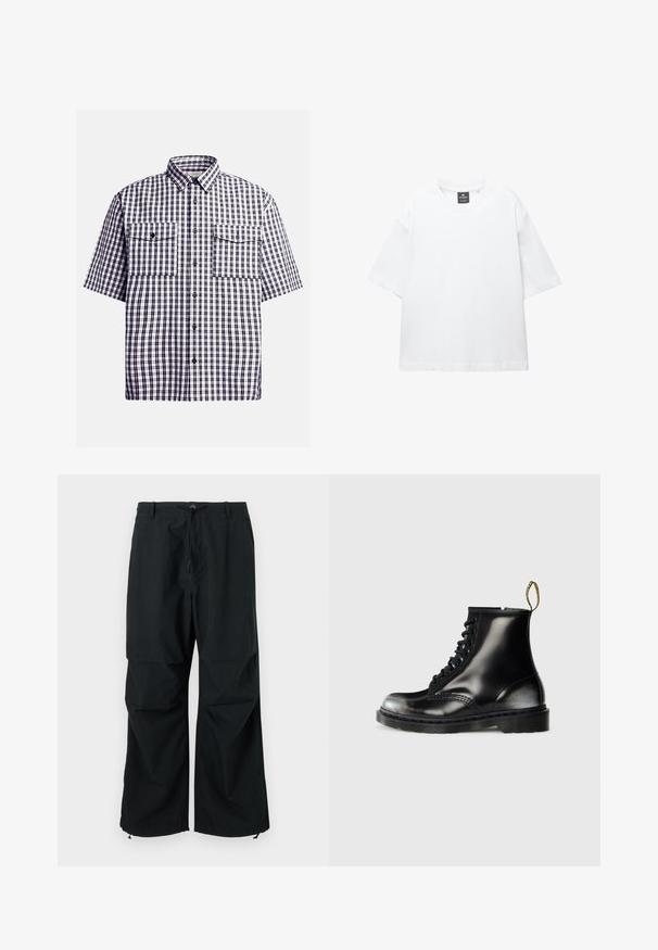 Lyhythihainen ruudullinen paita tummansinisessä ja valkoisessa, jossa on kaksi rintataskua, napp closure ja klassinen kaulus. Puuvillamateriaali.; Valkoinen lyhythihainen T-paita, joka on valmistettu puuvillasta. Paita on pyöreäkauluksinen, väljästi leikattu ja suorahelmainen. Ei kuvioita eikä koristeita.; Mustat, leveälahkeiset housut, joissa on nauhakuja vyötäröllä ja joustavat lahkeensuut. Valmistettu kevyestä, teksturoidusta kankaasta. Yksinkertainen muotoilu.; Mustat nahka nilkkasaappaat kiiltävällä pinnalla, kahdeksan reikää, mustat nauhat ja vetolenkit. Ominaisuuksiin kuuluu teksturoitu, uritettu pohja.