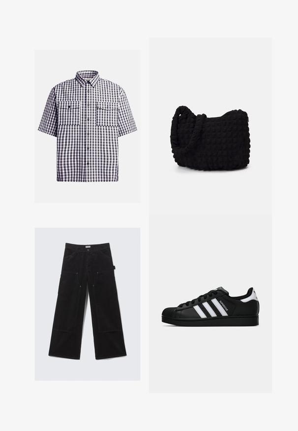 Kortærmet ternet skjorte i navy og hvid, med to brystlommer, knaplukning og en klassisk krave. Fremstillet af bomulds materiale.; Sorte bredbens corduroy bukser med store forlommer og bæltestropper, udstyret med knap- og lynlåslukning.; Sort Adidas Superstar sneaker med hvide striber, skaletå og "Superstar"-tekst på siden, vist i sideprofil på hvid baggrund.; Sort stofpose med en struktureret, quilted mønster. Rund form, korte, tykke håndtag, og en blød, fleksibel struktur.