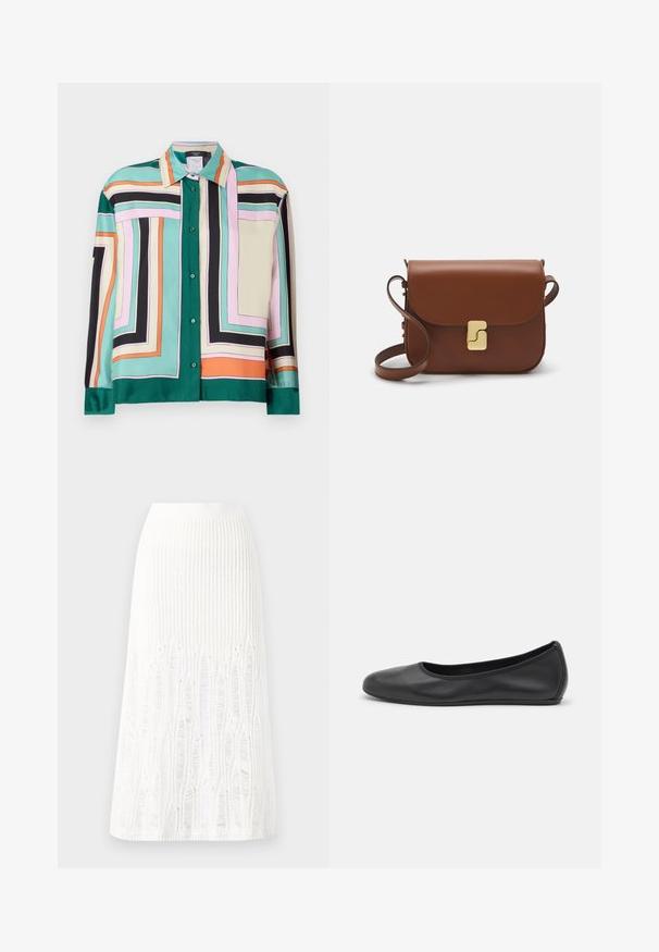 Camicia in satin con bottoni e motivo geometrico nei colori verde, rosa, nero, beige e arancione. Presenta colletto e maniche lunghe con polsini a bottone.; Gonna midi bianca in maglia con un motivo testurizzato a righe verticali e dettagli a taglio vicino all'orlo. Vita elasticizzata. Materiale morbido.; Pantofole da balletto nere in pelle con punta arrotondata, texture liscia, dettagli di cucitura minimi e design con suola flessibile.; Borsa a tracolla in pelle marrone con chiusura a pattina, hardware color oro, tracolla e una finitura liscia. Forma rettangolare compatta.