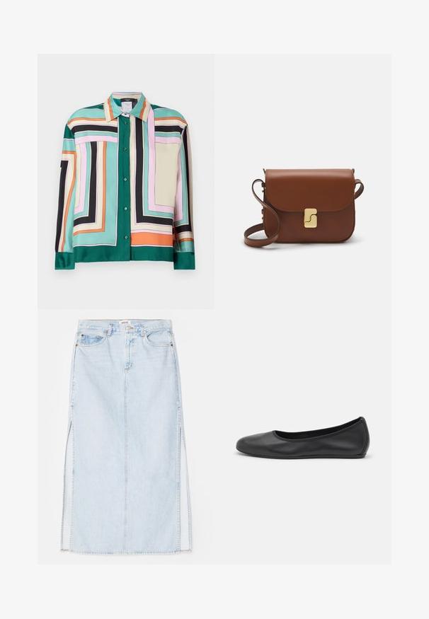 Satinhemd mit geometrischem Muster in Grün, Pink, Schwarz, Beige und Orange. Mit Kragen und langen Ärmeln mit Knopfmanschetten.; Weißes kurzärmliges T-Shirt aus geripptem Stoff. Runder Halsausschnitt, normale Passform und dezente Nähte. Keine Muster oder Grafiken.; Hellblaue Jeans-Maxi-Rock mit geradem Schnitt, ausgestattet mit seitlichen Schlitzen und einem Fünf-Taschen-Design. Auffällige Nähte und Metallschnappverschluss.; Schwarze Leder-Ballettschuhe mit abgerundeter Spitze, glatter Textur, minimalen Nähdetails und einem flexiblen Sohlen-Design.; Braune Ledertasche mit Klappenverschluss, Beschlägen in Goldfarbe, einem Schultergurt und einer glatten Oberfläche. Kompakte rechteckige Form.