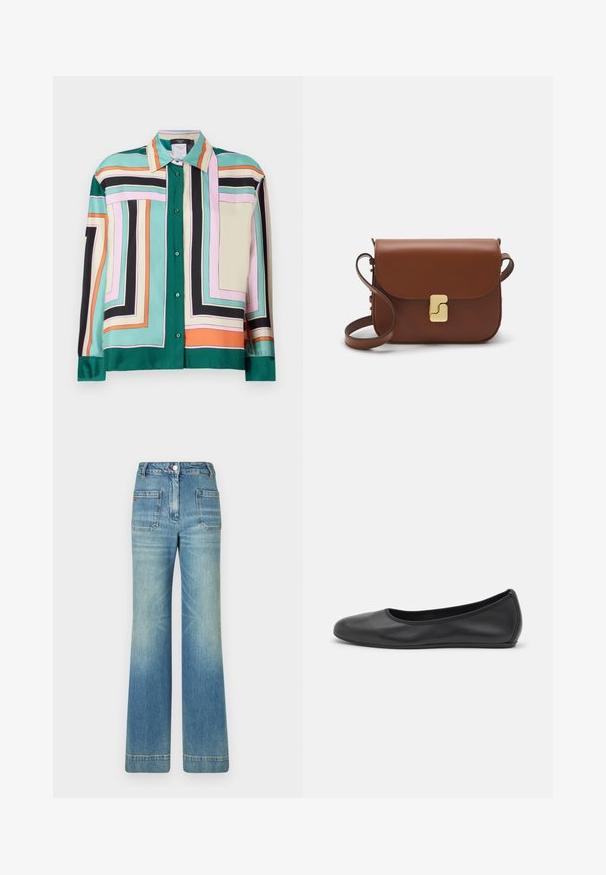 Camisa de satén de botones con un patrón geométrico en verde, rosa, negro, beige y naranja. Presenta un cuello y mangas largas con puños de botón.; Camiseta de manga corta blanca hecha de tela de canalé. Cuello redondo, corte regular y detalles de costura sutiles. Sin patrones ni gráficos.; Jeans de mezclilla de tiro alto en azul claro, con perneras acampanadas, cinco bolsillos, pasadores para cinturón, cierre de botón y una textura ligeramente desgastada, que cuenta con un detalle del logo en rojo en la parte posterior.; Bailarina de piel negra con punta redondeada, textura suave, detalle de costura minimalista y diseño de suela flexible.; Bolso de mano de cuero marrón con cierre de solapa, herrajes en tono dorado, correa para el hombro y una textura suave. Forma rectangular compacta.
