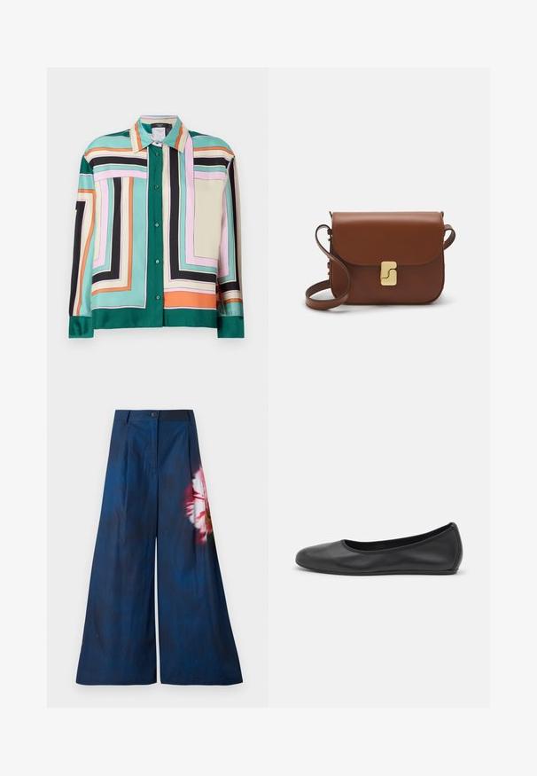 Camisa de botões em cetim com padrão geométrico em verde, rosa, preto, bege e laranja. Apresenta colarinho e mangas longas com punhos abotoados.; Calças largas em tecido azul-marinho escuro, com um padrão floral em rosa e amarelo de um lado, e fecho de botão na cintura.; Bailarina preta em pele com bico arredondado, textura suave, detalhe de costura minimalista e design de sola flexível.; Bolsa de couro castanho com fecho de aba, decoração em tom dourado, alça de ombro e textura suave. Formato retangular compacto.