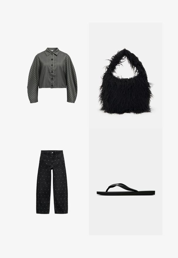 Przycięta, zapinana na guziki koszula w ciemnozielonym kolorze z pionowymi białymi paskami, posiada kołnierz oraz obfite rękawy, wykonana z gładkiego materiału.; Czarne dżinsy o szerokich nogawkach z wzorem małych srebrnych grommetów, z klasycznym pięciokomorowym krojem i zapięciem na guziki.; Czarne gumowe klapki z teksturowanym paskiem i prostą płaską podeszwą, przedstawione z boku na jasnym jednolitym tle.; Even&Odd - Torba na zakupy