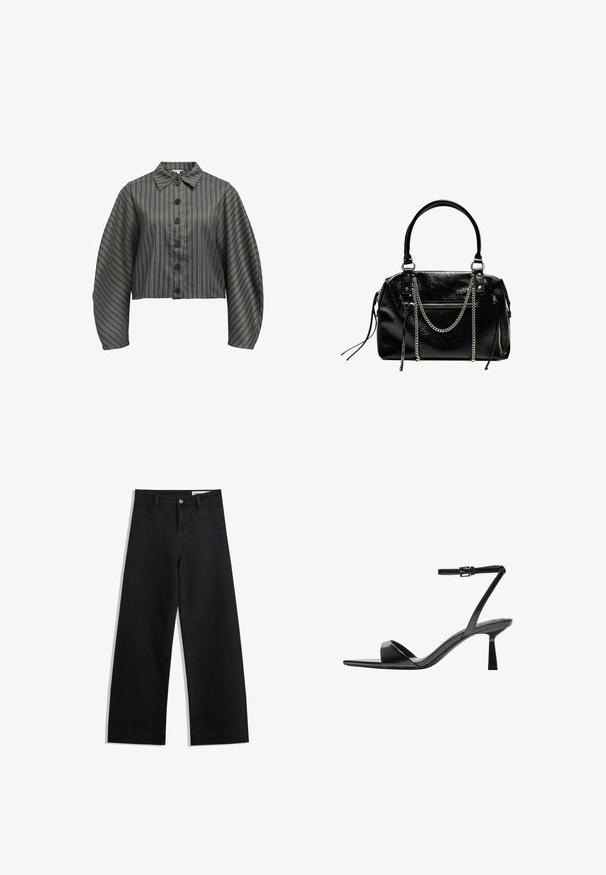 Chemise cintrée à boutonnière de couleur vert foncé avec des rayures blanches verticales, dotée d'un col et de manches volumineuses, fabriquée en tissu lisse.; Pantalon en denim noir à jambes larges avec une taille haute, comprenant des poches avant et arrière, des coutures piquées et une fermeture à bouton. Texture lisse.; Bershka Sandales à talons hauts - black; Bershka WITH CHAIN - Sac à main - black