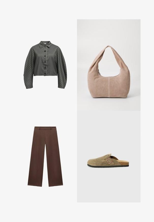 Lyhyt, nappikauluspaidat tummanvihreä, jossa on pystysuorat valkoiset raidat. Paidassa on kaulus ja volyymikkäät hihat, ja se on valmistettu sileästä kankaasta.; Ruskeat leveät housut, jotka on valmistettu pehmeästä kankaasta. Housuissa on tasainen etuosa, vyötärö ja laskostettu yksityiskohta, joka tuo lisää tekstuuria.; Oliivinvihreä mokkainen klompsutyylinen tohveli, jossa kapea remmi ja metallisolki. Sisältää korkkipohjan ja mustan kumipohjan.; Matkakassi, joka on valmistettu pehmeästä, mokkanahasta vaaleanbeigessä värissä. Ominaisuuksiin kuuluu pyöreä muoto, leveä hihna ja vetoketjukiinnitys.