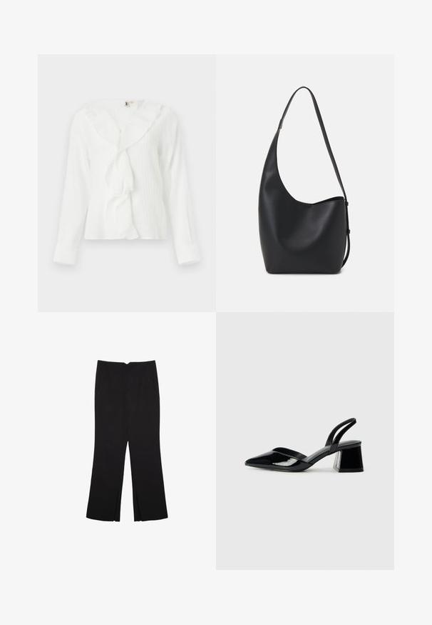 Valkoinen pitkähihainen paita, jossa on röyhelökaulus ja teksturoitu kangas. Ominaisuuksiin kuuluu hieman löysä istuvuus ja napitettu hihansuu.; Mustat housut suoralinjaisella leikkauksella, joissa on etutaskut ja sivurei'ät helman alla. Valmistettu pehmeästä ja sileästä kankaasta. Sopii eri tilaisuuksiin.; Mustat patentoitu nahkakengät, joissa on säären takaosa ja terävä kärki, sekä geometrinen palikkakorko. Sisältää tyylikkään, minimalistisen muotoilun ja sileän pinnan.; Musta nahkainen hobo-laukku, jossa on sileä pinta, kaareva muoto ja yksi säädettävä olkahihna; sisäänkäynti on leveä ylhäältä.