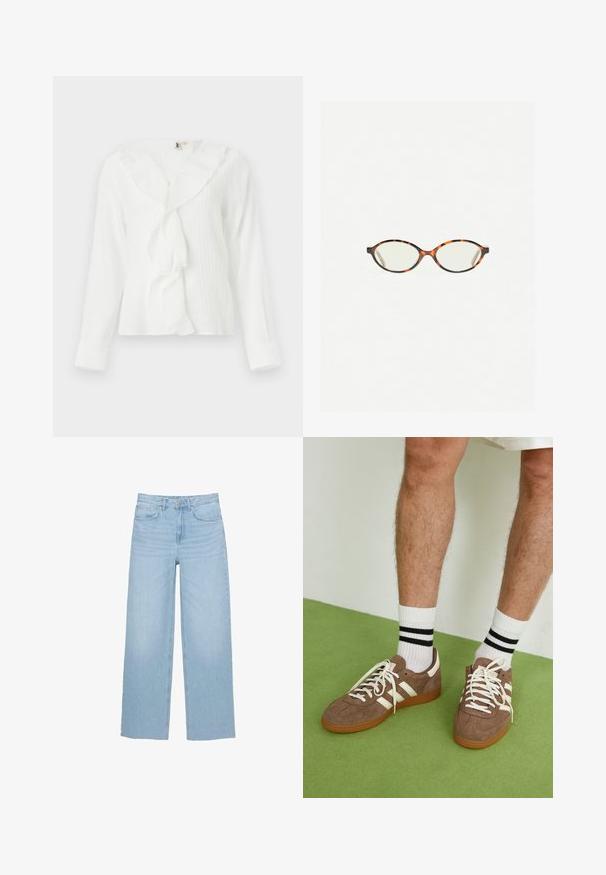 Biała bluzka z długim rękawem, z falbaniastym dekoltem i teksturowanym materiałem. Charakteryzuje się nieco luźnym krojem oraz mankietami na rękawach.; Jasnoniebieskie dżinsy szerokie w nogawkach, wykonane z denimu, z wysokim stanem, prostym krojem oraz pięcioma kieszeniami i czystym wykończeniem.; Brązowe zamszowe sneakersy z białymi akcentami i sznurówkami. Gumowa, brązowa podeszwa. Noszone z białymi skarpetkami w czarne paski. Zielona teksturowana podłoga.; Okulary w kolorze tortoiseshell z owalnymi soczewkami i gładkim, eleganckim wykończeniem. Posiadają cienkie boki z delikatnym łukiem w okolicy skroni. Przezroczyste soczewki.; Zign - Torba na zakupy