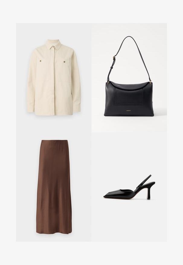 Beige button-up shirt made of cotton with a pointed collar, two front pockets, and brown button accents. Long sleeves with buttoned cuffs.; Brown satin midi skirt with a smooth texture, featuring a straight cut and no visible patterns or embellishments. Simple and elegant design.; Black leather slingback heel with a pointed toe, minimalist design, thin ankle strap, and a sleek stiletto heel. Smooth texture.; Black leather bag with a structured shape, a fold-over top, and a front pocket. It features a slender strap and gold hardware accents.