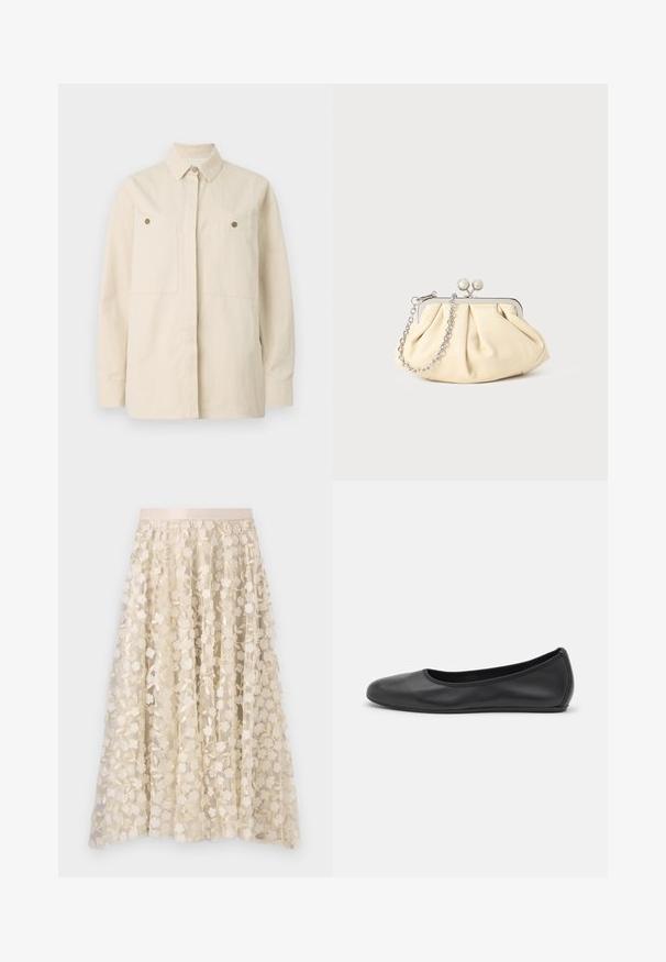 Beige button-up shirt made of cotton with a pointed collar, two front pockets, and brown button accents. Long sleeves with buttoned cuffs.; Floral embroidery on a sheer, cream-colored skirt with a satin waistband. The design features small, delicate flowers and leaves.; Black leather ballet flat with a rounded toe, smooth texture, minimal stitching detail, and a flexible sole design.; Pleated beige leather clutch with a silver metal frame, featuring two round decorative clasps and a silver chain strap.