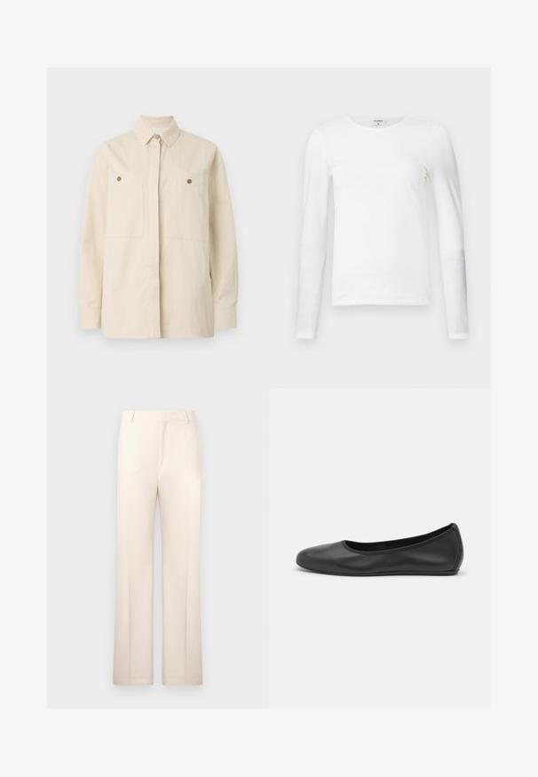 Camicia beige con bottoni, realizzata in cotone, con colletto a punta, due tasche frontali e dettagli in bottoni marroni. Maniche lunghe con polsini abbottonati.; T-shirt bianca a maniche lunghe realizzata in cotone morbido, con scollatura rotonda e design slim fit con cuciture pulite e senza pattern visibili.; Pantaloni beige su misura con design a gamba dritta, realizzati in tessuto leggero. Presentano pieghe frontali e una cintura classica.; Pantofole da balletto nere in pelle con punta arrotondata, texture liscia, dettagli di cucitura minimi e design con suola flessibile.