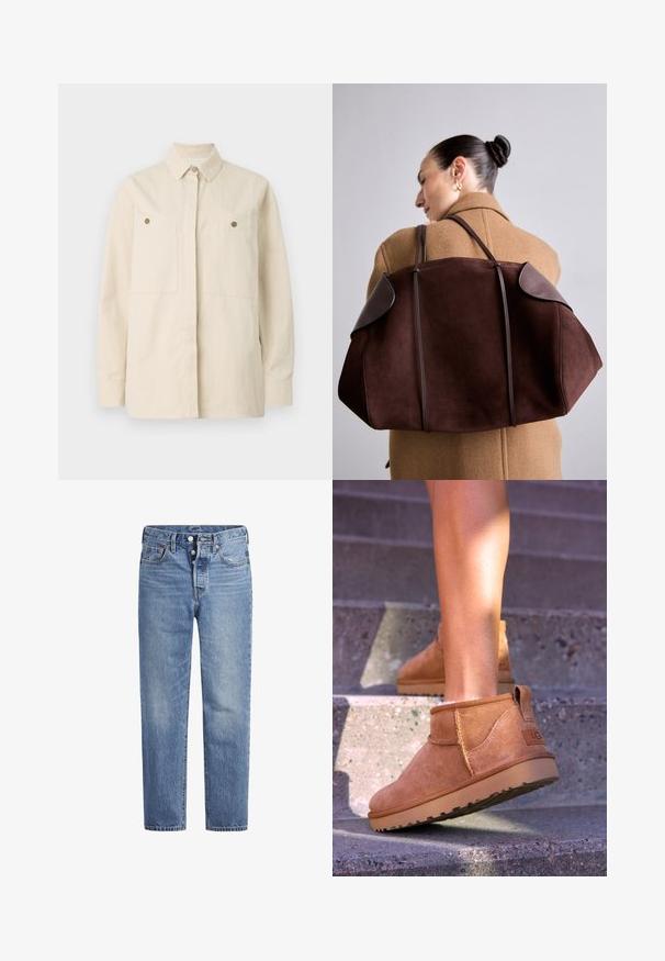 Beige skjorte med knaplukning lavet af bomuld, med spids krave, to forlommer og brune knapdetaljer. Lange ærmer med knapmanchetter.; Lyseblå denimjeans med lige pasform, fem-lomme-design og knaplukning. Har subtile falmede detaljer og orange søm.; Tan ruskind ankelstøvler med en blød tekstur, stikninger og en gummisål, der har en løkkehælkappe for nem på- og aftagning.; Brun ruskind håndtaske med mørke læderdetaljer, der har en struktureret form og to skulderstropper, båret over skulderen imod en beige frakke.
