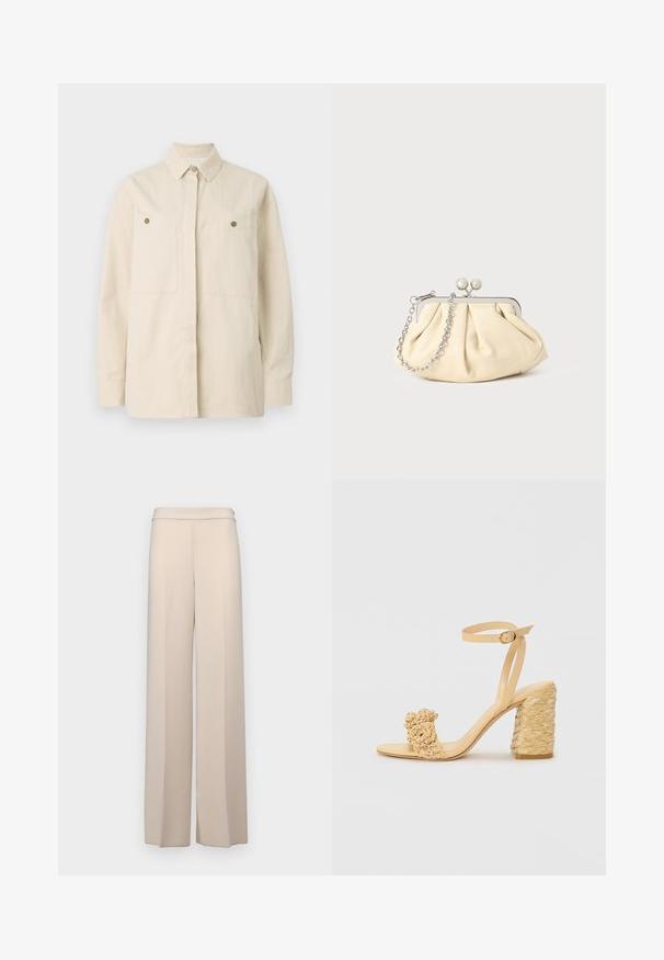 Beige Hemd aus Baumwolle mit spitzem Kragen, zwei vorderen Taschen und braunen Knopfakzenten. Lange Ärmel mit geknöpften Manschetten.; Beige weit geschnittene Hose aus glattem Stoff, mit hoher Taille und dezenten Vorderfalten. Keine Taschen oder sichtbare Hardware-Details.; Beige High-Heel-Sandale mit geflochtener Textur, dekorativer Blume und Knöchelriemen. Der quadratische Absatz sorgt für Stabilität.; Faltige beigefarbene Ledertasche mit einem silbernen Metallrahmen, ausgestattet mit zwei runden dekorativen Verschlüssen und einem silbernen Kettenriemen.