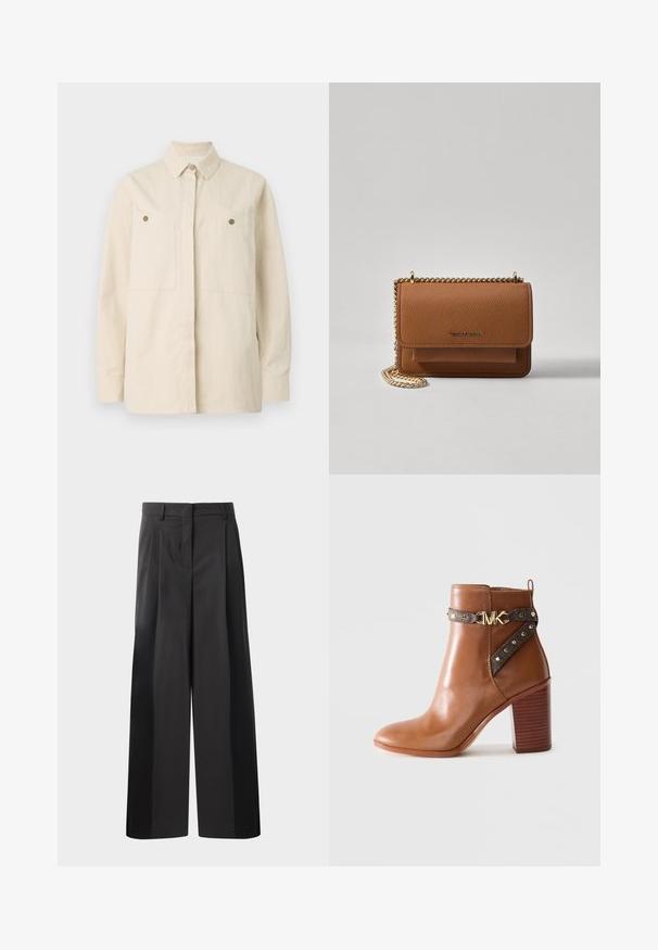 Beige button-up shirt made of cotton with a pointed collar, two front pockets, and brown button accents. Long sleeves with buttoned cuffs.; Black wide-leg trousers with a high waist, featuring front pleats, a smooth texture, and a tailored finish. Designed for a relaxed fit.; Brown leather ankle boot with stacked block heel, side strap featuring gold studs and a gold "MK" logo buckle.; Brown textured leather crossbody bag with gold chain strap and flap closure. Front features logo detail and a pocket under the flap.