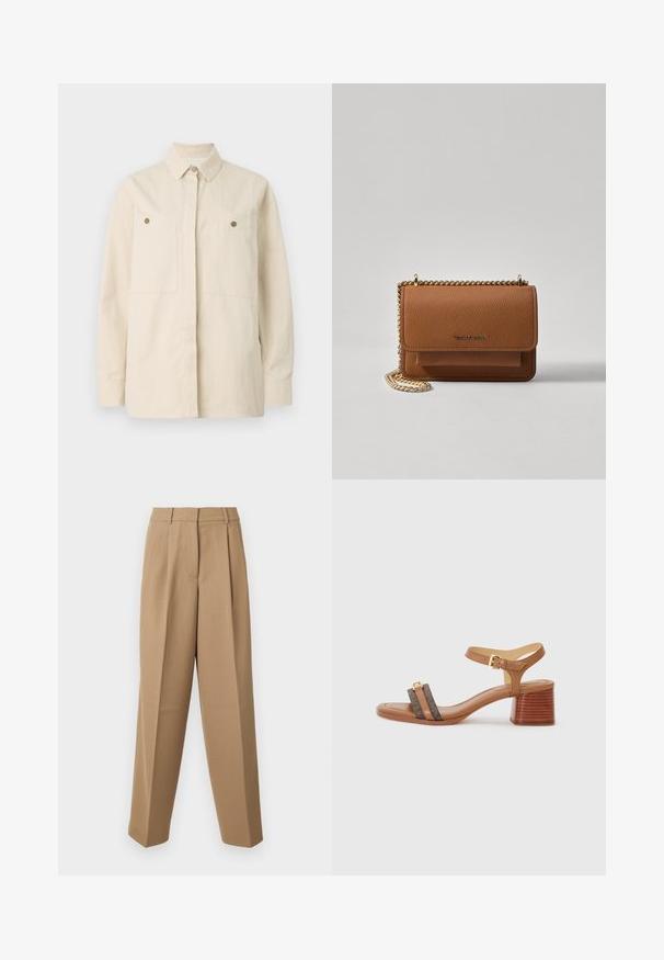 Vaaleanbeige napitettava paita, joka on valmistettu puuvillasta. Siinä on kärjellinen kaulus, kaksi etutaskua ja ruskeat napit. Pitkät hihat napitettavilla hihansuilla.; Beige-housut, joissa on korkea vyötärö, laskokset edessä ja leveät lahkeet. Kangas näyttää sileältä ja siinä on hieman kiiltoa.; Vaaleanruskeat korkokengät, joissa on neliön muotoinen kärki, kaksi tummanruskeaa hihnaa ja kultainen solki. Ominaisuuksina paksu korko ja sileä nahkapinta.; Ruskean teksturoidun nahkasta valmistettu crossbody-laukku, jossa on kultaketjuhihna ja läppäkiinnitys. Edessä on logodetail ja tasku läppäisen alla.