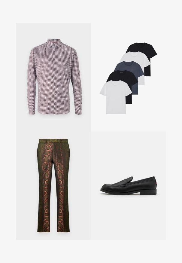 Long-sleeve button-up shirt in white with a red and navy geometric pattern. Features a collar, cuffs, and a straight cut.; Set of five t-shirts in black, white, and navy blue. Cotton fabric, short sleeves, crew neck design, and plain texture with no patterns.; Green patterned trousers featuring a snake print design with shades of brown and orange, straight cut, and a smooth texture.; Black leather loafers with a smooth finish, rounded toe, and a small decorative flap. Features a low stacked heel and subtle branding detail.