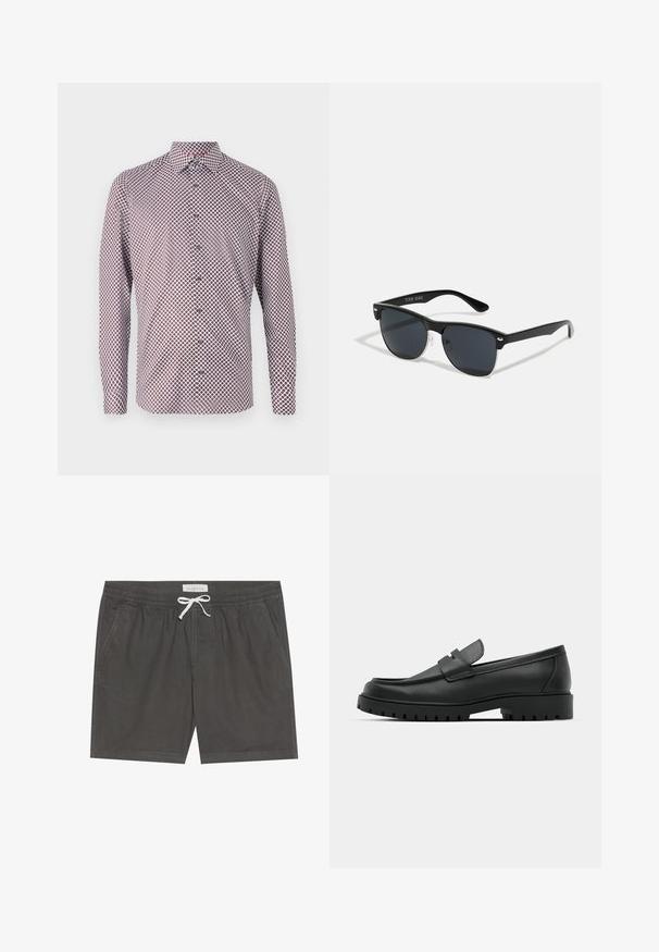 Garais piedurkņu pogājams krekls baltā krāsā ar sarkanu un zilganu ģeometrisku rakstu. Iekļauj apkakli, aproces un taisnu griezumu.; Pelēki peldkostīmi, kas izgatavoti no mīksta auduma, ar elastīgu jostu un baltu auklu, ar izšūtu detaļu un sānu kabatām.; Melnas ādas loafers ar noapaļotu purngalu, ar izšūtu dizainu, zemu platformas zoli un teksturētu, rievotu gumijas ārējo zoli.; Melnas saulesbrilles ar taisnstūra formu, tumšiem stenģiem, sudraba akcentiem pie tempļiem un matētu apdari uz rāmja.