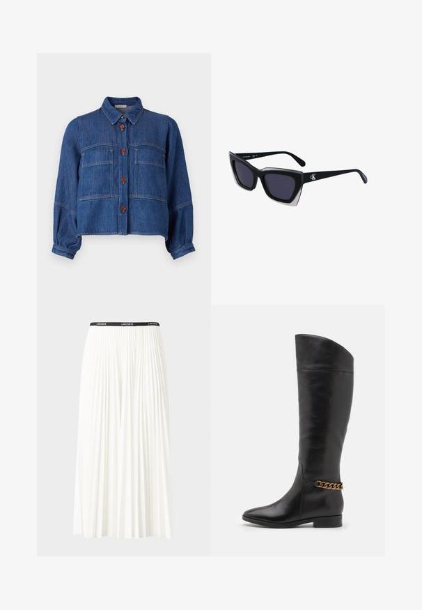 sessùn LEONE - Camicia - denim blue; Gonna bianca plissettata con elastico nero in vita che presenta il logo "LACOSTE". Design di lunghezza media con texture morbida.; Alti stivali in pelle nera dal design elegante, punta affusolata e dettagli in catena dorata alla caviglia. Tacco a blocco basso. Texture liscia.; Occhiali da sole oversize neri dalla forma geometrica, con lenti scure e un dettaglio grigio a contrasto sulla montatura. Logo sul braccio.