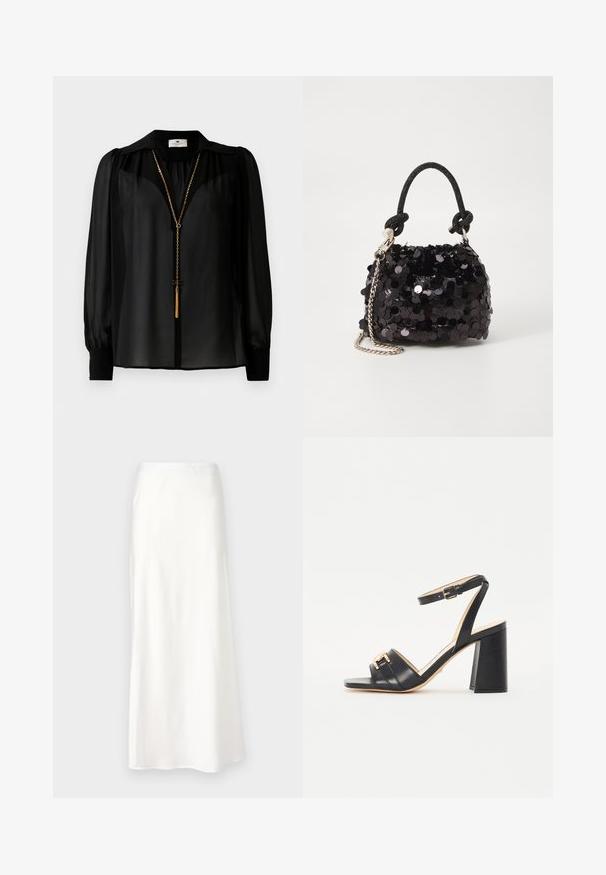 Fekete, áttetsző, hosszú ujjú blúz széles gallérral és arany láncnyaklánccal, amelynek a végén bojt pendant lóg elöl.; Fehér, selymes anyagú szoknya, sima textúrával, középhosszú, A-vonalú alakú, rugalmas derékkal és látható minták vagy díszítések nélkül.; Fekete magas sarkú szandál, sima bőrből készült, négyzetes orral, bokapánttal és aranyszínű díszítéssel a frontján.; Fekete flitteres mini kézitáska csomózott textúrájú pánttal és ezüst lánccal. Lekerekített forma, ráncolt tetejével és fényvisszaverő részletekkel.
