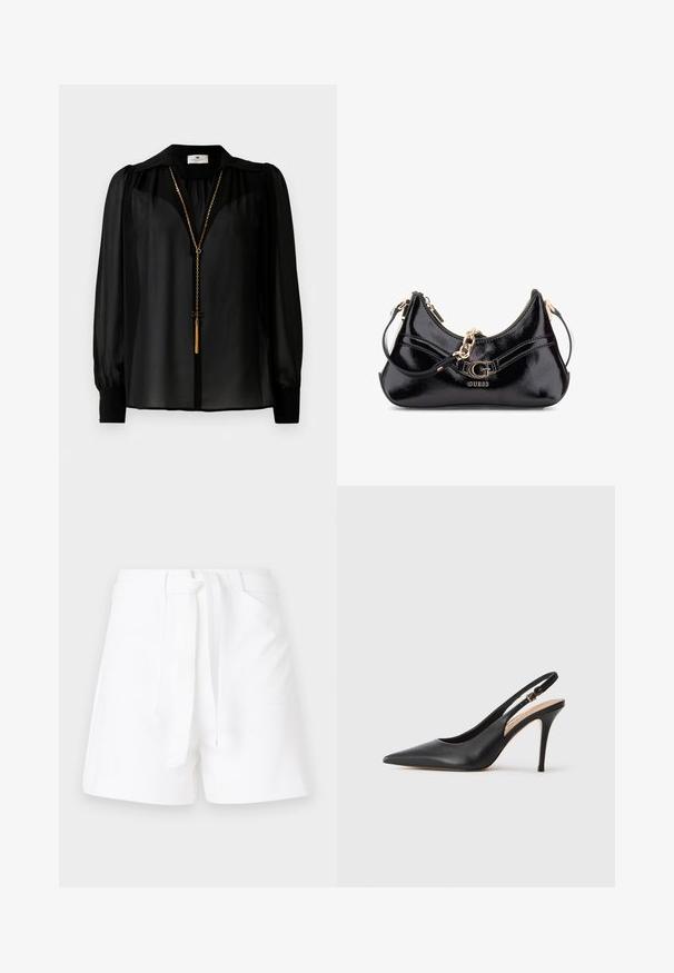 Fekete, áttetsző, hosszú ujjú blúz széles gallérral és arany láncnyaklánccal, amelynek a végén bojt pendant lóg elöl.; Fehér rövidnadrág, megkötős derékkal, két oldalsó zsebbel és sima, textúrált anyaggal. Klasszikus fazon, tiszta vonalakkal.; Fekete bőr, slingback stílusú, magassarkú cipő, hegyes orral, sima felülettel, és egy finom pánttal, amelyen fémből készült csat található.; Fekete lakkbőr táska íves kialakítással, aranyszínű fémrészletekkel és egy hangsúlyos logóval. Tartalmaz egy levehető vállpántot.