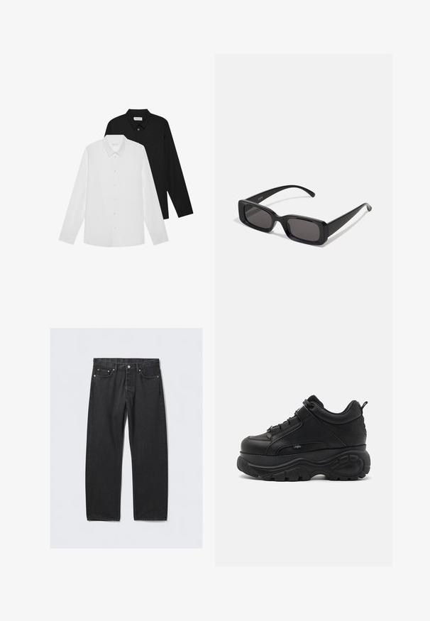 Camicie a manica lunga bianche e nere con colletto a punta, bottoni frontali e una texture del tessuto liscia. Etichette visibili all'interno del collo.; Jeans in denim nero con taglio dritto, dotati di chiusura a bottoni, cinque tasche e dettagli in metallo color rame. Texture liscia.; Sneakers chunky in pelle nera con una suola spessa in gomma, design elegante e dettagli testurizzati. Presentano lacci e un occhiello di assorbimento sul tallone.; Occhiali da sole neri rettangolari con lenti scure, finitura lucida, aste larghe e design della montatura spessa. Nome del marchio inciso su un'asta.