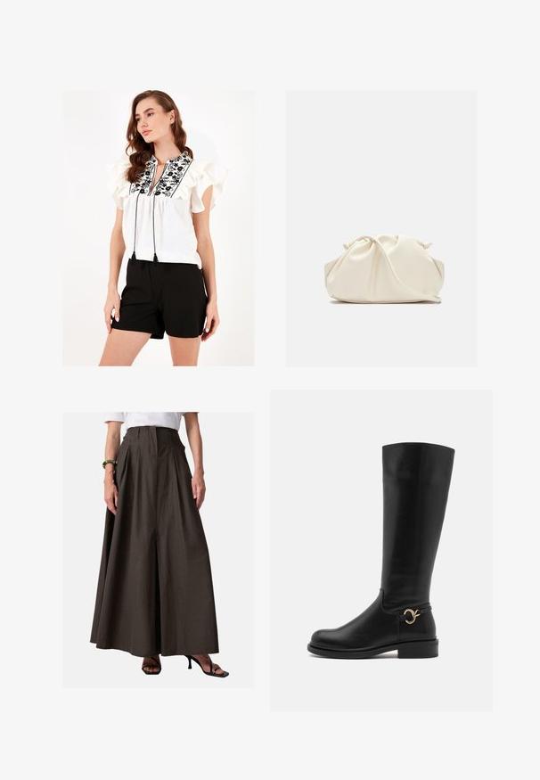 Fehér blúz fodros ujjakkal, fekete virágmintázattal és bojtokkal a nyaknál. Fekete sorttal párosítva.; Barna, pliszírozott, hosszú szoknya könnyű anyagból; magas derekú és oldalsó zsebekkel rendelkezik; fekete magassarkú szandálokkal párosítva.; Anna Field Wide Fit Csizmák - black; Krém színű, puha műbőr táska, összegyűrt dizájnnal, állítható pánttal és diszkrét húzózsinóros záródással. Sima felület és lekerekített forma.