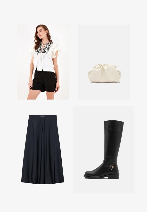 Bela bluzica z nabranimi rokavi, črno cvetlično vezenje in resicami na vratu. Ujemajoča se s črnimi kratkimi hlačami.; Črna krila do kolen, izdelana iz lahkotnega blaga s sproščenim dizajnom. Ima gladko teksturo in subtilne gube za dodatne podrobnosti.; Anna Field Wide Fit Škornji - black; Krema barve, mehka torba iz umetnega usnja z nabranim dizajnom, nastavljivim ročajem in diskretnim zapiranjem na vrvico. Gladka tekstura in zaobljena oblika.