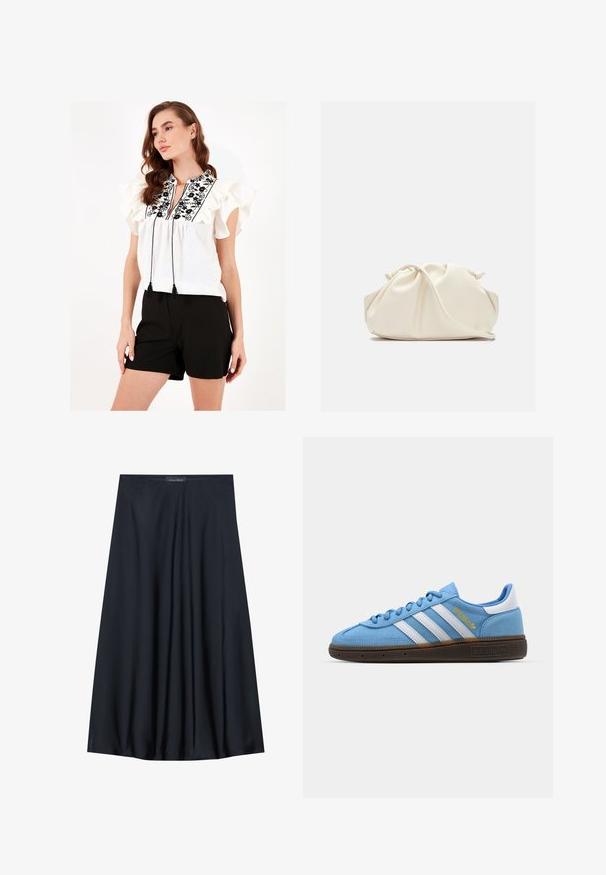 Blusa bianca con maniche arricciate, ricami floreali neri e cordoncini con frange al collo. Abbinata a pantaloni corti neri.; Gonna nera al ginocchio realizzata in tessuto leggero con un design fluido. Presenta una texture morbida e pieghe sottili per un tocco di dettaglio in più.; Sneakers in suede azzurro chiaro con strisce in pelle bianca, suola marrone texturizzata e dettaglio logo dorato. Design basso con punta tonda.; Borsa in ecopelle color crema, morbida, con design arricciato, tracolla regolabile e chiusura a coulisse discreta. Texture liscia e forma arrotondata.