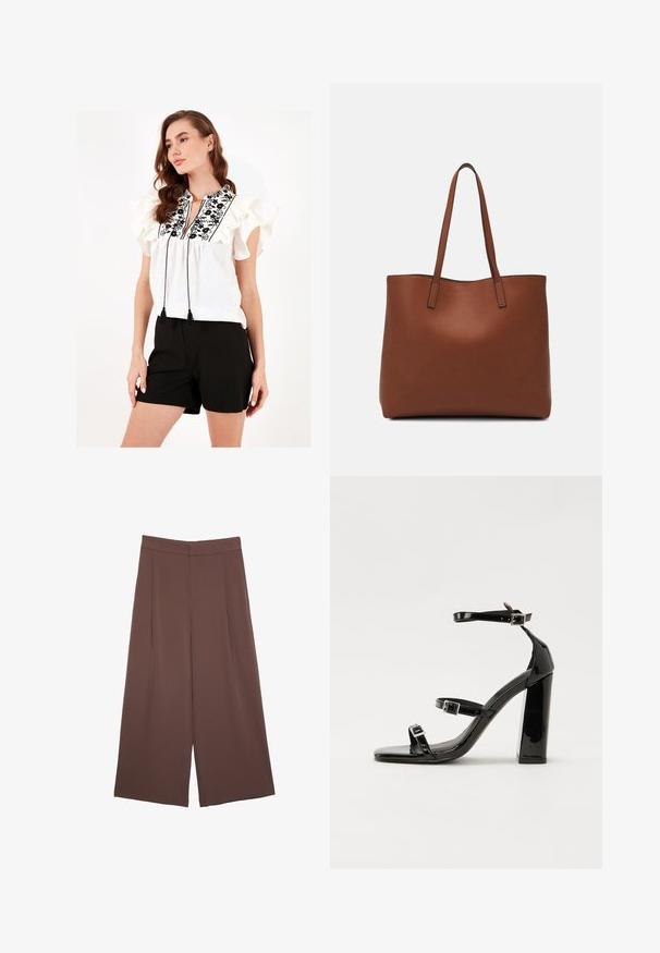 Witte blouse met gerimpelde mouwen, zwarte bloemenborduursels en franjes aan de hals. Gecombineerd met zwarte shorts.; Bruine wijde broek met een gladde textuur, voorzien van een hoge taille en plooien aan de voorkant. De stof is lichtgewicht en valt losjes.; Zwarte gepatenteerde sandalen met hak en een vierkante neus, enkelbandjes en zilveren gespen. Heeft een stevige blokhak voor stabiliteit.; Bruine leren tote bag met een gladde textuur, een ontwerp met een open bovenkant en twee schouderbanden. Kenmerkt zich door minimale stiksels en geen zichtbare hardware.