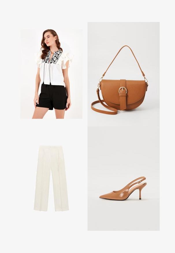 Biela blúzka s volánovými rukávmi, čiernou kvetinovou výšivkou a strapcovými viazaniami na krku. Skombinovaná s čiernymi šortkami.; Široké nohavice vo svetlej krémovej farbe. Vyrobené z hladkej látky s skladmi vpredu a bočnými vreckami.; Sandal s úzkym podpätkom a špicatou špičkou v hladkej lesklej hnedej materiáli. Obsahuje zakrivený výrez a štíhly ihlový podpätok. Strieborný prackový detail.; Hnedá kožená kabelka cez telo s zakriveným tvarom, zlatými kovovými doplnkami a akcentom s prackou. Obsahuje odnímateľný ramenný popruh.