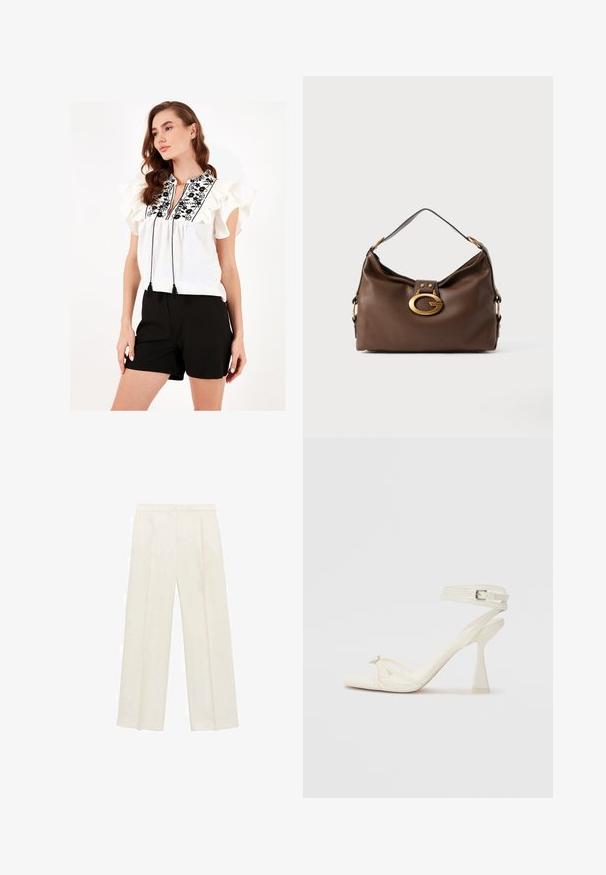 Bijela bluza s volanima na rukavima, crnim cvjetnim vezom i resicama na vratu. Uparena s crnim šortsem.; Hlače širokog kroja u svijetloj krem boji. Izrađene su od glatkog materijala s plisama sprijeda i bočnim džepovima.; Bijela kožna sandala na visokom potpetici s trakama, elegantnog dizajna, s prozirnom blok potpeticom i dekorativnim elementom na prstima.; Smeđa kožna torba s teksturiranom površinom, koja ima zlatni kopču i jedan zakrivljeni remen za rame.