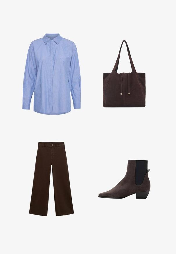 Majica z dolgimi rokavi iz bombaža, z modro-belim prugastim vzorcem, klasičnim ovratnikom, gumbom spredaj in sproščenim krojem.; Rjave široke hlače iz mešanice bombaža, z raztrganim robom, sprednjim gumbom in klasičnim dizajnom s petimi žepi. Minimalistične in vsestranske.; Temno siva semiš gležnjarica s koničastim nosom, elastičnimi stranskimi paneli in majhnim blok peto. Ima zanko za pomoč pri obuvanju na zadnji strani.; Mango Torba za nakupovanje - dark brown