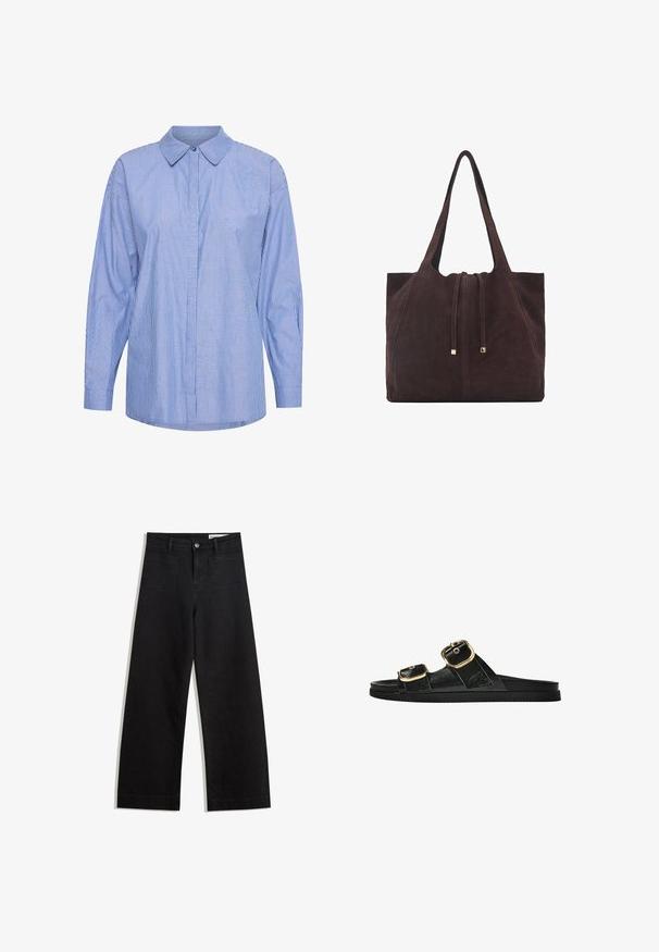 Majica z dolgimi rokavi iz bombaža, z modro-belim prugastim vzorcem, klasičnim ovratnikom, gumbom spredaj in sproščenim krojem.; Črne široke denim hlače z visokim pasom, ki imajo sprednje in zadnje žepe, šivane šive ter gumbasto zapiranje. Gladka tekstura.; Črne drsne sandale z dvema zlatima zaponkama, gladkega materiala, ravnim podplatom in minimalističnim dizajnom.; Mango Torba za nakupovanje - dark brown