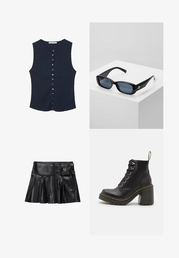 Mornarska brezrokavnik iz teksturirane tkanine, z zaobljenim izrezom in sprednjim delom s devetimi modrimi gumbi.; Črna usnjena krilo s gubami, širokim pasom in dvema zaponkama na strani. Gladka tekstura s sijajno obdelavo.; Črne usnjene gležnarske škornje z masivnim visokim petami, vezanjem spredaj, kovinskimi luknjicami in rumenim šivom ob podplatu. Teksturiran gumijast podplat.; Črne pravokotne sončna očala s modrimi zatemnjenimi lečami, debelimi okvirji in zlatim krožnim okrasom na strani. Eleganten, sijoč zaključek.