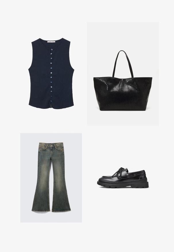Top senza maniche di colore blu navy realizzato in tessuto testurizzato, con scollatura rotonda e una patta frontale con nove bottoni blu.; Jeans in denim a gamba svasata di colore blu sbiadito con un classico design a cinque tasche, caratterizzati da una leggera texture e cuciture visibili.; Scarpe da barca in pelle nera con punta arrotondata, design con lacci, dettagli cuciti e suola in gomma spessa con un motivo di presa texturizzato.; Borsa tote nera intrecciata con due manici robusti, caratterizzata da una texture lucida e un ampio design a apertura aperta.