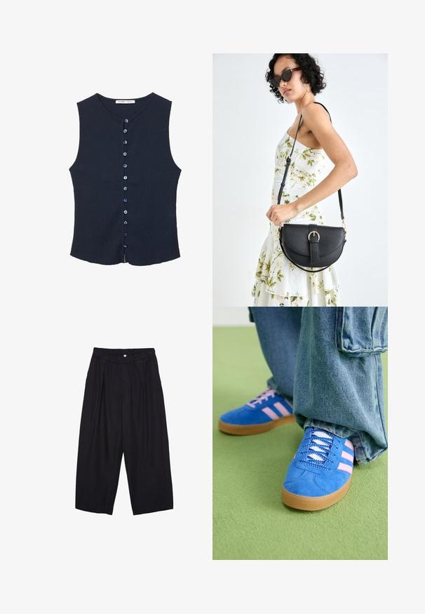 Granatowy bezrękawnik z fakturowanej tkaniny, z okrągłym dekoltem oraz przodem zapinanym na dziewięć niebieskich guzików.; Czarne spodnie culotte z poliestru z elastycznym pasem, dwoma fałdami z przodu i luźnym krojem. Brak widocznych wzorów lub elementów metalowych.; Niebieskie zamszowe buty z różowymi paskami i białymi sznurowadłami, z gumową podeszwą, zestawione z luźnymi dżinsami na zielonej powierzchni.; Czarna skórzana torebka o zakrzywionym kształcie, z odpinanym paskiem i złotymi akcentami. Torebka posiada klapę z zapięciem w kształcie klamry.