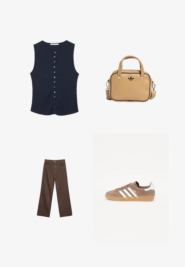 Granatowy bezrękawnik z fakturowanej tkaniny, z okrągłym dekoltem oraz przodem zapinanym na dziewięć niebieskich guzików.; Szerokie brązowe dżinsy wykonane z denimu, z wysokim stanem, przednimi kieszeniami i klasycznym zapięciem na guzik. Gładka faktura z subtelnym przeszyciem.; Brązowe zamszowe trampki z trzema białymi paskami, złotym logo "Gazelle" i podeszwa z gumy. Posiadają wyściółkę na języku i pięcie dla komfortu.; Brązowa torebka z wegańskiej skóry z dwoma uchwytami, odczepianym paskiem na ramię, czarnym akcentem w postaci przeszyć oraz małym czarnym logo z przodu.