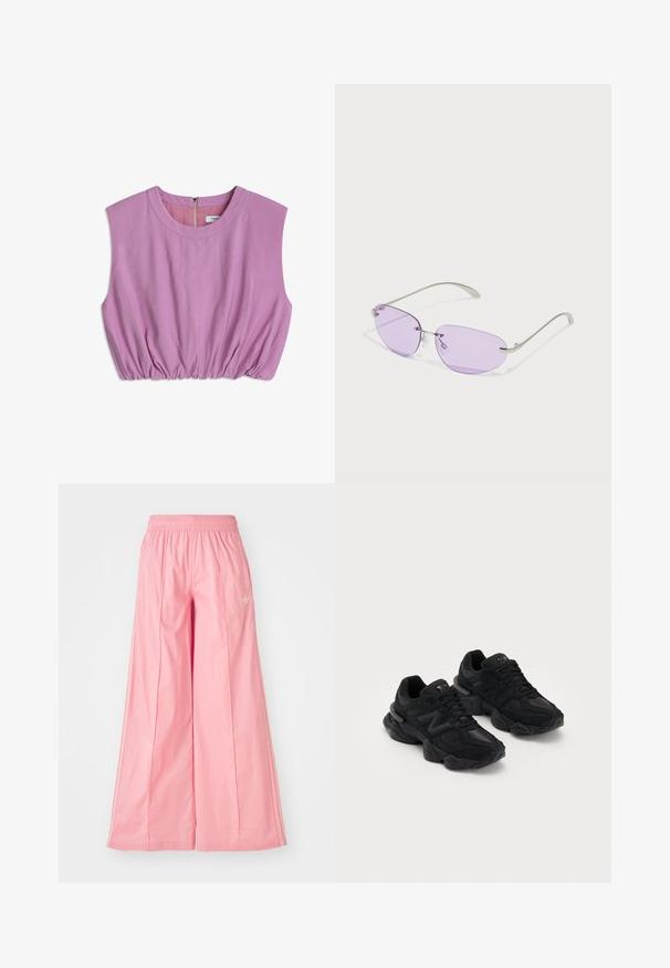 Short-sleeve, light pink top with a round neckline and gathered detailing at the hem. Features a back zipper closure. Soft fabric texture.; Pink wide-leg pants made of lightweight fabric, featuring an elastic waistband and subtle white side stripes. Small logo on the front.; Black athletic shoes with a textured upper, featuring a prominent "N" logo, cushioned sole, and a sleek, modern silhouette.; Sunglasses with oval purple lenses, metal frame, and thin arms. Clear nose pads and subtle branding on the arm.