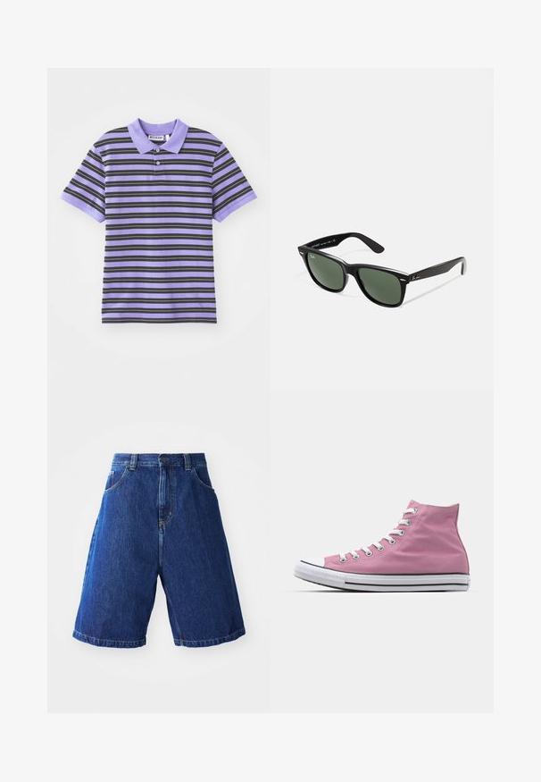 Purppurainen lyhythihainen polo-shirt mustilla vaakaraidoilla, jossa on kaulus, kaksinappinen sulku ja pehmeä kangas.; Farkkushortsit sinisellä pesulla, joissa on korkea vyötärö, kaksi etutaskua ja keltaista ompelua saumoissa.; Vaaleanpunaiset kangaskorkeat tennarit, joissa on valkoinen kuminen varvasosa ja ulkopohja, hopeiset rei'itykset ja valkoiset nauhat. Musta raita pohjassa.; Mustat muoviset aurinkolasit, joissa on vihreät linssit, neliönmuotoiset kehykset, hopeinen yksityiskohta kulmakarvojen kohdalla sekä tekstuuriset temppeleiden varret. Brändi ilmoitettu sisävarsissa.