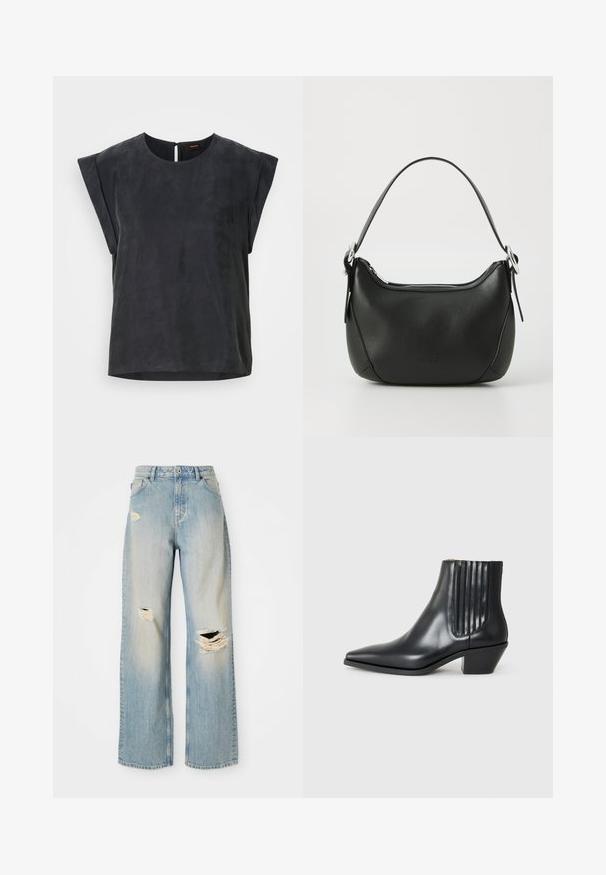 Sort kortærmet top med rund halsudskæring og minimalistisk design. Glat tekstur med en subtil glans, der har en nøglehulslukning i ryggen.; Lysblå lige-benede jeans med høj talje, bæltestropper og slidte huller på venstre lår, højre knæ og nederste venstre ben.; Sorte læder ankelstøvle med spids tå, elastiske sidepaneler med lodrette riller og en lav blokhæl. Glat tekstur og slankt design.; Sort læderhandtaske med en buet form, sølv lynlås og et kort håndtag. Har et diskret logo på forsiden og en glat tekstur.
