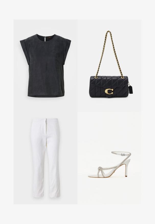 Črna majica s kratkimi rokavi in krogličnim izrezom, minimalističnega dizajna. Gladka tekstura z rahlim leskom, z odprtjem na hrbtni strani.; Beli bombažne hlače s ravnim krojem, srednje visoko pasom, brez vidnih kovinskih elementov ali vzorcev. Gladka textura po vsej površini.; Bela visokoelegantna sandala z teksturiranim trakami, ki vsebujejo rhinestone, odprto okroglo špico in zanko za gleženj z nastavljivim zaponko.; Črna prešita torbica z zlatim verižnim ročajem, ki vsebuje značilen zlat ključ, majhno oznako in prikazuje teksturirano usnjeno površino.