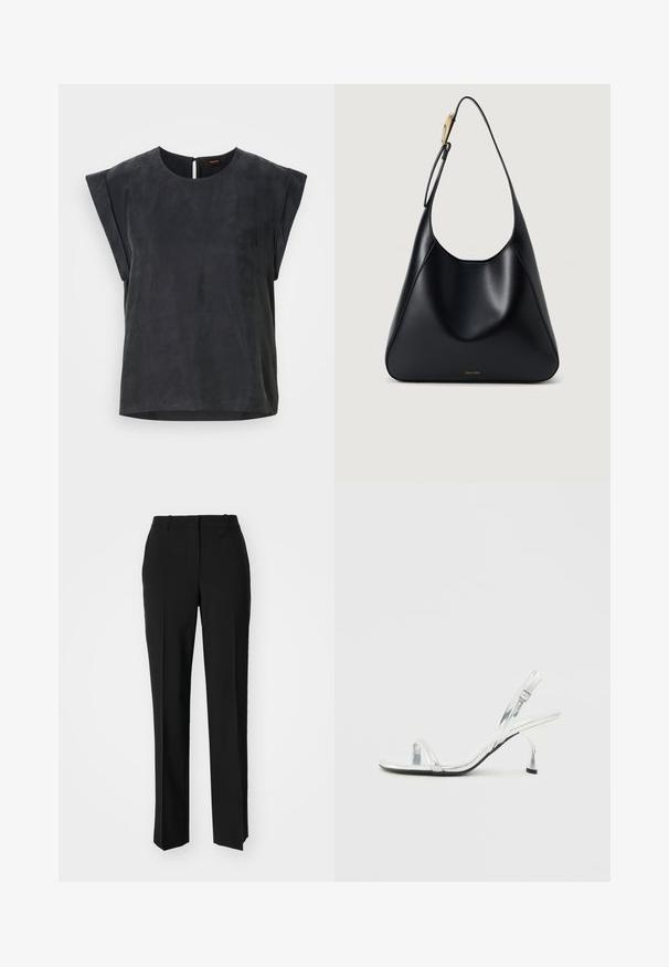 Top preto de mangas curtas com decote redondo e design minimalista. Textura suave com um leve brilho, apresentando um fecho nas costas em forma de recorte.; Calças pretas de corte ajustado com um design de perna reta, apresentando uma textura lisa e pregas bem definidas na frente. Sem hardware visível.; Sandal de salto alto em verniz prata, com tira estreita na ponta do pé, fivela ajustável e um salto delgado.; Bolsa de ombro em couro preto com uma textura suave, silhueta curvada e um detalhe em metal dourado. Apresenta logótipo da marca em relevo na base.