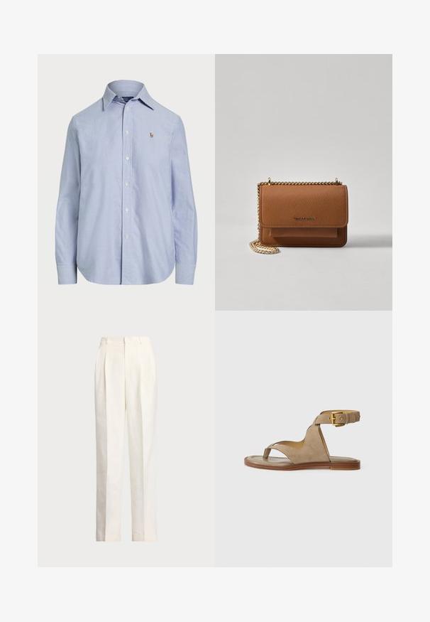 Camisa azul-claro de botões, feita de algodão, com um colarinho clássico, mangas longas e um pequeno logótipo bordado no peito.; Polo Ralph Lauren HEMP WIDE LEG PANT - Calças - nevis; Sandália de camurça bege com laço para os dedos, laterais abertas e uma ampla tira no tornozelo com fivela dourada. Sola plana castanha com um leve destaque.; Bolsa crossbody de couro texturizado castanho com alça de corrente dourada e fecho com aba. A parte da frente apresenta detalhe do logótipo e um bolso sob a aba.