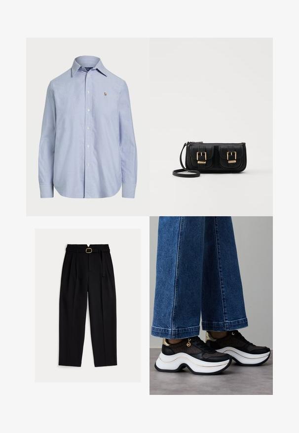 Gai zils krekls ar pogām, izgatavots no kokvilnas, ar klasisku apvalku, garām piedurknēm un mazu izšūtu logotipu uz krūtīm.; Melnas, augsta vidukļa bikses ar jostu, priekšpusē bārkstotas un platām kājām. Izgatavotas no gludas auduma ar klasisku griezumu.; Melni un zelta sporta apavi ar izliekta baltā zoli. Teksturēts audums ar logotipa akcentiem. Pāris ar platām zila džinsa biksēm.; Melnas ādas crossbody soma ar divām priekšējām kabatām, zelta sprādzēm, ar rāvējslēdzēju aizdari un šauru siksnu. Strukturēta virsma un kompakta taisnstūra forma.