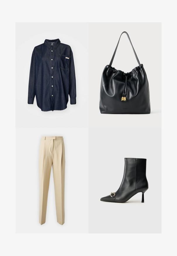 Tmavě modrá denimová košile na knoflíky s límcem, dlouhými rukávy, jednou náprsní kapsou a bílými stehy.; Béžové ušité kalhoty s rovnými nohavicemi, které mají sklady, pas a hladkou texturu. Žádné viditelné kapsy ani ozdobné prvky.; Černá kožená kotníková bota s špičatou špičkou, úzkým středně vysokým podpatkem a stříbrnou sponou na straně, na jednobarevném pozadí.; Černý kožený taška na šňůrku s hladkým povrchem, staženým vrchem a jemnými zlatými detaily. Obsahuje jeden pevný popruh a embosované logo.